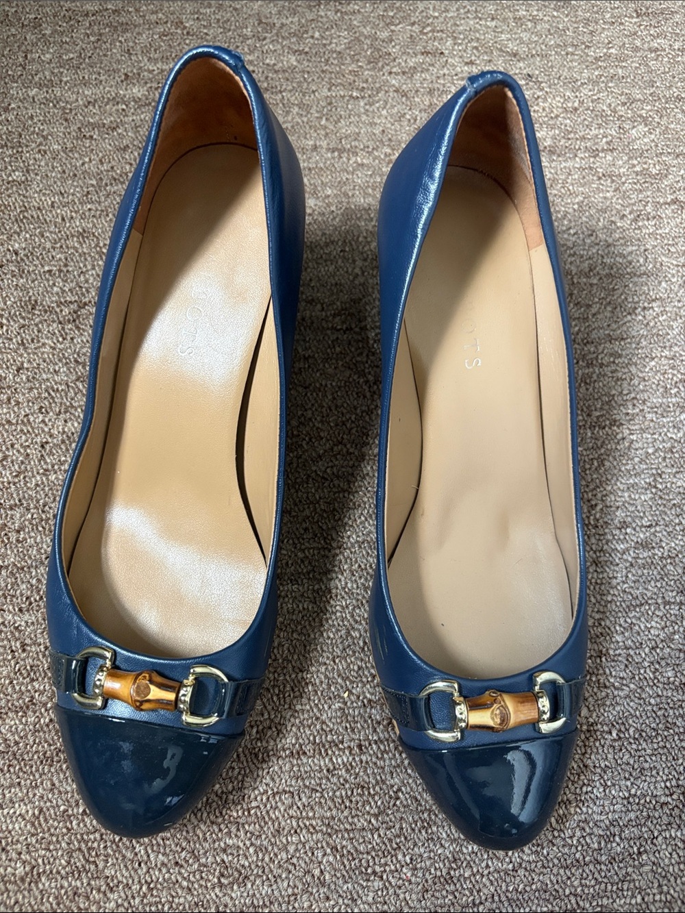 Talbots Navy Patent Leather  with Gold & Brown Accent